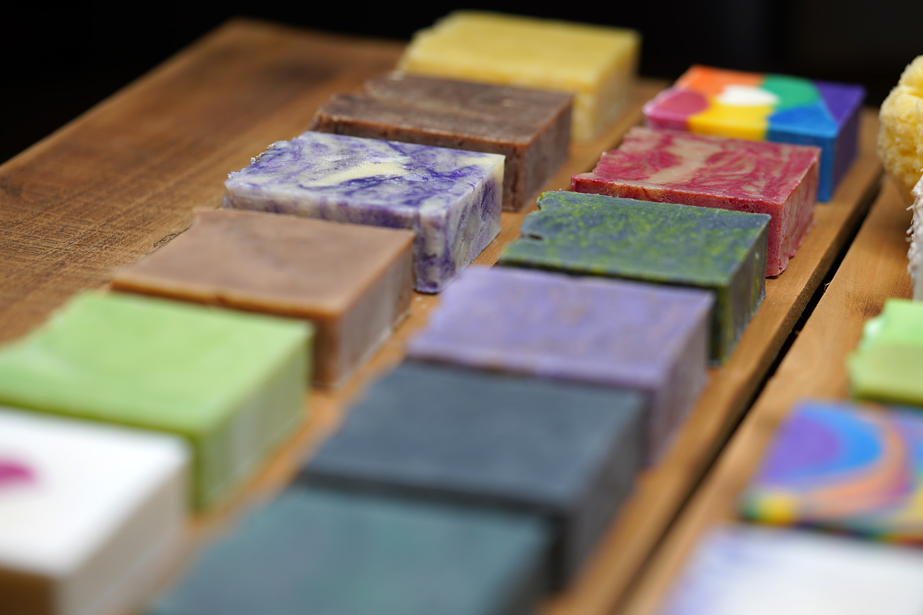 A selection of soaps on a display board